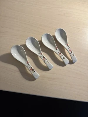 Juego de 4 cucharas de cerámica de ciruela japonesa cuchara de sopa floral de porcelana Foto 1 de 4