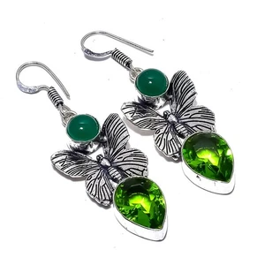 Peridot, Green Onyx Gemstone 925 Sterling Silver Earring 2.2" M879 - Picture 1 of 8