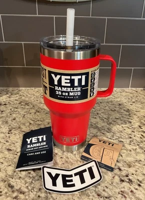 YETI RAMBLER 35 oz MUG  w/STRAW LID-Handle Duracoat RESCUE RED BPA No Sweat - Image 1 of 4