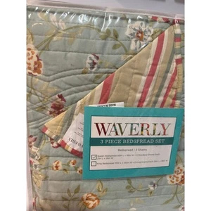 Waverly Queen Garden Glitz Vapor Bedspread 3 piece Set NEW Floral Stripe Reverse - Picture 1 of 6
