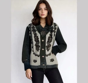 Vintage Monnalisa Angora Perlen verziert Blumen Cardigan Pullover Large grau - Bild 1 von 13