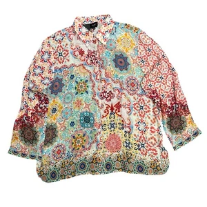SHANA Button Up Blouse 2XL Colorful Bohemian Viscose Silk Blouse NEW - Picture 1 of 6
