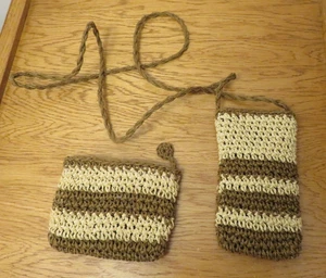 Crocheted Coin Purse and Small Glasses Pouch Case Credit Card Holder Brown Tan - Picture 1 of 8