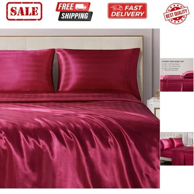Juego de sábanas damasco satinado sedoso - Ropa de cama rosa intenso de lujo - Sábana a rayas lisas... Foto 1 de 4