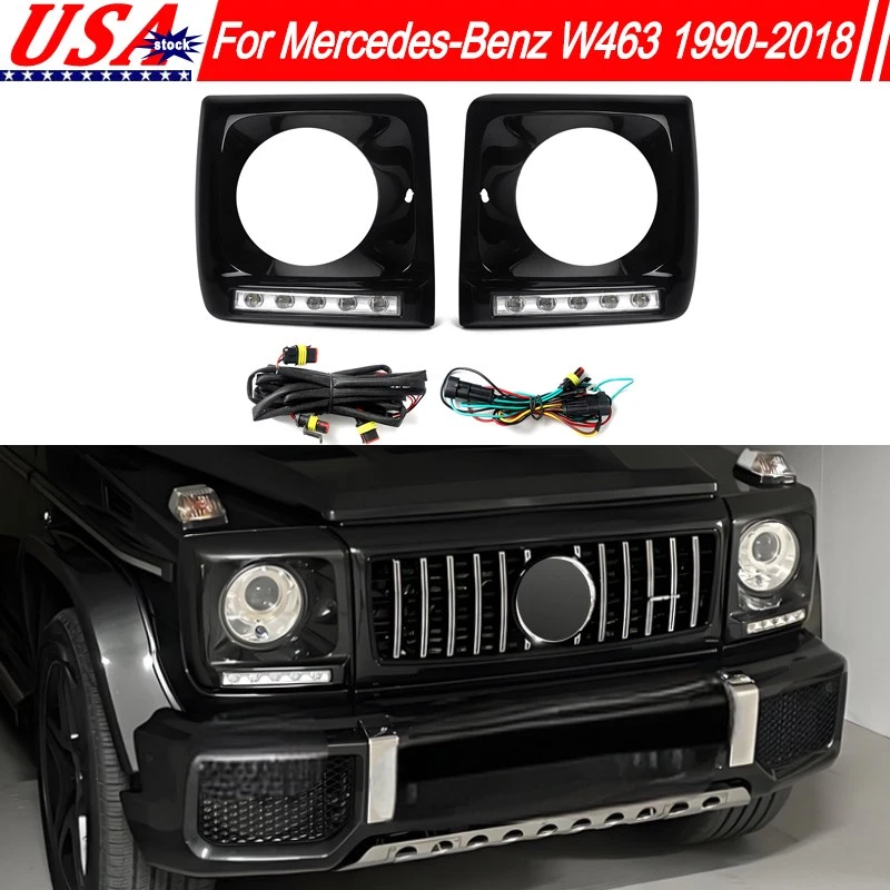Fits Mercedes-Benz W463 G550 G63 1990-2018 Headlight Trim Bezel W/ LED DRL Black - Image 1 of 4