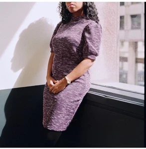 ANN TAYLOR FACTORY Tweed Puff Sleeve Shift Dress Size 12 Large Purple - Picture 1 of 6
