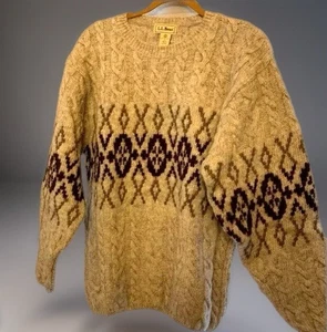 LL Bean Sweater Fisherman Mens Small Cable Fair Isle Heritage Pure New Wool Prep - Picture 1 of 14