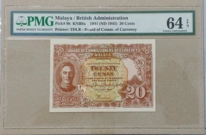1941 MALAYA 20 CENTS RARE WITHOUT DOTS PMG64EPQ - Picture 1 of 3