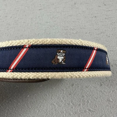 Polo Ralph Lauren Bulldog Overlay Webbed Belt 40 Canvas Leather Preppy  - Image 1 of 4