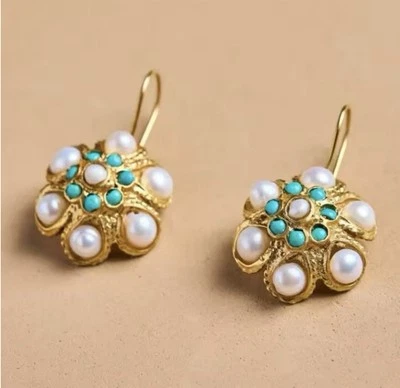 Turquoise Pearl Earrings Flower Museum Queen Court Tudor Gold CZ VTG Art Nouveau - Image 1 of 4