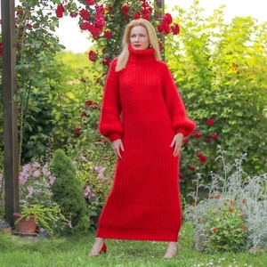 SuperTanya Vestido Mohair Rojo Difuso Hecho a Mano Suéter Largo Listo para Enviar, XL - Imagen 1 de 9
