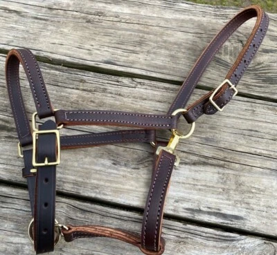 Halter tamaño caballo cuero aceite oscuro hecho Amish con herrajes de latón Foto 1 de 4