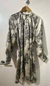 H&M Dress Cream Black Floral Print Dress With Balloon Sleeves Size L - BNWT - Picture 1 of 9