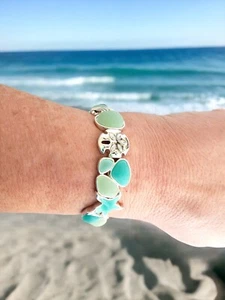 Silver and Green Seaglass Stretch Bracelet with Sea Life Charms. Great Gift Idea - Picture 1 of 6