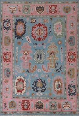 Tapete de sala de estar floral azul claro/rosa lã feito à mão indiano Oushak 8'x10' - Imagem 1 de 4