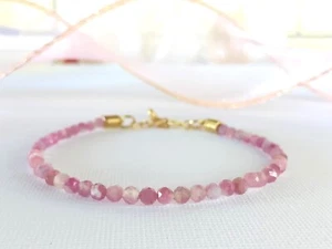 DELICATE PINK TOURMALINE October birthstone zodiac bracelet 3mm Gems Crystal - Picture 1 of 16
