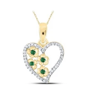 10K YELLOW GOLD ROUND EMERALD DIAMOND HEART PENDANT 1/8 CTTW - Picture 1 of 1
