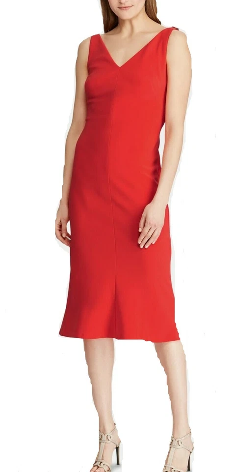 Ralph Lauren Womens Red Sleeveless V Neck Midi Sheath Cocktail Dress Size 10