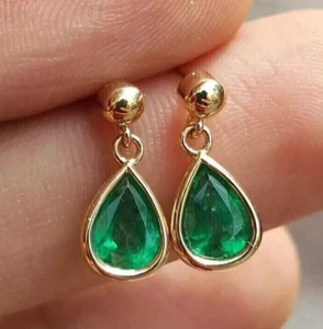 2Ct Teardrop Created Green Emerald Dangle Women Earrings 14K Yellow Gold Finish - Picture 1 of 3