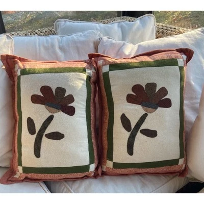 Handmade Pink Pillows With Quilted Flower In Shades of Green And Brown - Image 1 of 4