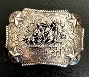 Nocona Belt Buckle Mens Western Roping Stars Rodeo Silver Tone One Size - Picture 1 of 8