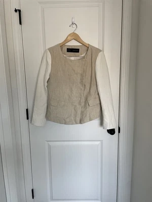 Blazer Mujer Zara Dos Tonos Beige Y Blanco Lino Y Algodón L Foto 1 de 4