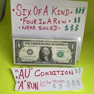 Six Of A Kind FOURS 4 In A Row “AU” CONDITION $1 Dollar Bill FANCY Serial Number - Picture 1 of 15