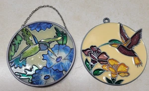 2 Vtg Stained Glass Sun Catcher Hummingbird Flowers 3.5” Round Hanging Chain - Picture 1 of 6