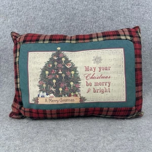 Vintage Christmas Throw Pillow Plaid Trim "May Your Christmas Be Merry & Bright” - Picture 1 of 6