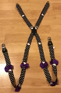 Sanrio Black Hello Kitty Suspenders, Polka Dots, Purple Bows, Silver Clip - Picture 1 of 8