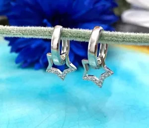 925 Sterling Silver Hoop Earrings with Detachable Star CZ Diamond Charm ∙ A61 - Picture 1 of 6
