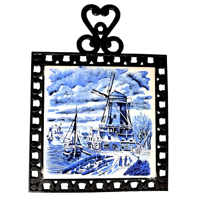Molino de viento holandés barcos azulejo placa caliente remache colgante de pared azul blanco hierro fundido Foto 1 de 4