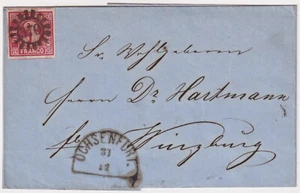 Bayern 3 Kr. Mi.Nr. 9 vollrandig auf Brief SG-Stempel Ochsenfurt - Würzburg 1865 - Bild 1 von 3