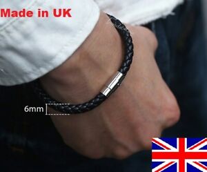  Braided  Genuine Leather Bracelet with Stainless Steel Clasp 6mm Made in the UK