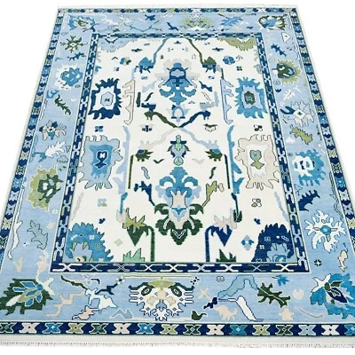 Modern Oushak Hand Knotted 6x9 Ivory Blue 100% Wool Floral Rug for Living Room - Image 1 of 4