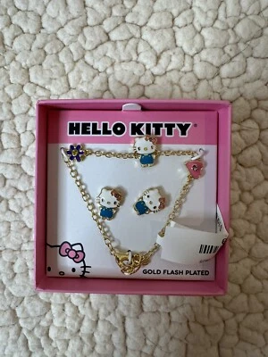 HELLO KITTY SANRIO SPARKLY CRYSTAL FINE GOLD PLATED EARRINGS NECKLACE - Image 1 of 2