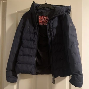 Superdry Microfibre Athletics Navy Hooded Sports Puffer Jacket Coat - Women's 6 - Picture 1 of 6