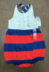 NEW RALPH LAUREN Navy Striped Anchor 100% Cotton One Piece Sun Suit Romper 18M - Picture 1 of 14