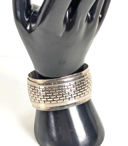 Silver Tone Wide Cuff Bracelet Basket Weave Statement Brutalist Geometric Modern - Picture 1 of 6