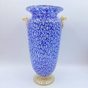 Signed Murano Art Glass Handled Vase Blue Millefiori Gold Fleck 11” - Picture 1 of 12