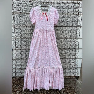 Vintage 70s Red Floral with Lace Trim Cotton Prairie Maxi Dress Gunne Style S/M - Picture 1 of 15