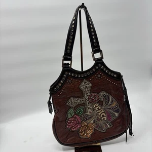 Kippys "Peace" Brown Bedazzled Gem Leather Shoulder Tote Bag Read Description - Picture 1 of 12