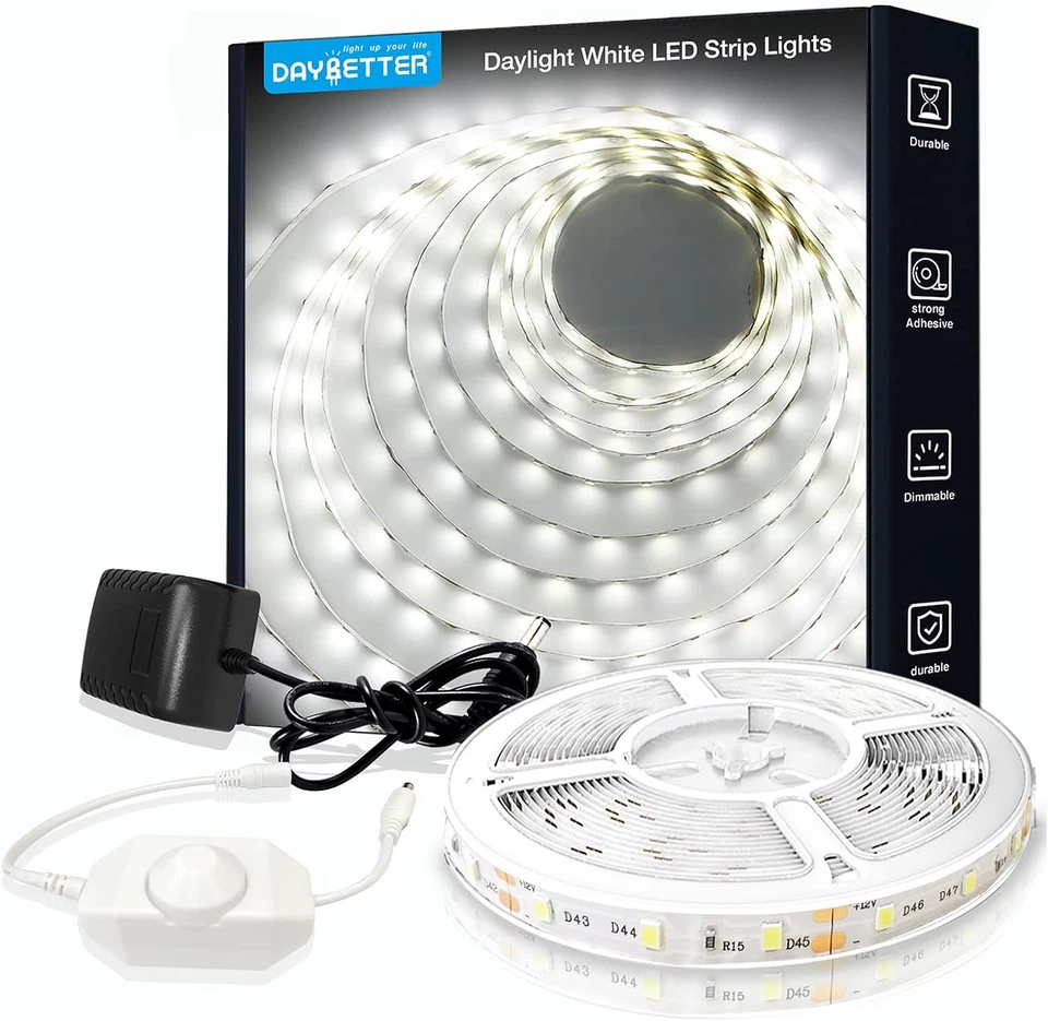 DAYBETTER White LED Strip Light 20 Ft Dimmable Bright Rope Lighting 6500K 24V