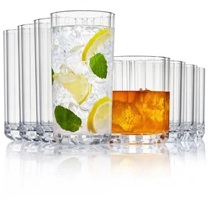 Faceted Clear Plastic Reusable Drinking Glasses (Set of 8) 14oz Rocks & 18oz ... - Picture 1 of 8