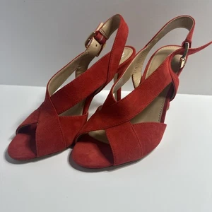 Michael Kors Becky Size 7 Sangria Red Suede Peep Stilettos Cross Sandals MK - Picture 1 of 10