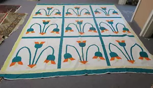 Vintage Handmade Tulip Design Applique Quilt 82" x 84" Full / Queen - Picture 1 of 7