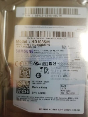 Samsung HD103SM, HD103SM/D, PN: A8413-C54A-A0LTN, FW: 1AJ10201, 1TB 3.5" HDD - Image 1 of 2