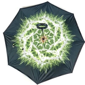 Reverse Vented Green Floral Canopy Manual Stick Umbrella - Picture 1 of 5