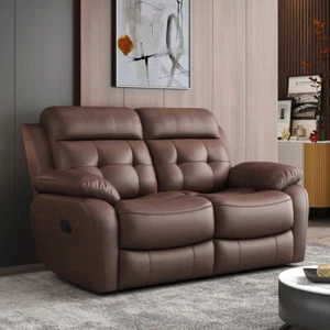 Genuine Leather Manual Reclining Loveseat Sofa, Brown - Picture 1 of 7