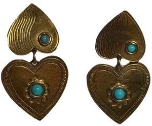 ZOE COSTE VINTAGE LARGE GOLD TONE BEADED HEART FIGURE DANGLE CLIP EARRINGS - Picture 1 of 14